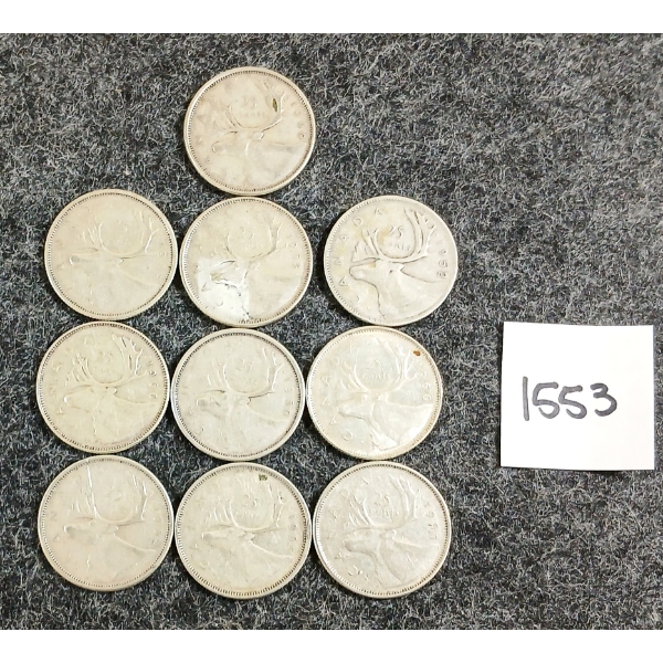 LOT OF 10 - 1952-1966 CDN 25 CENT SILVER COINS
