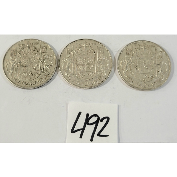 LOT OF 3 - 1950 CDN 50 CENT SILVER COINS