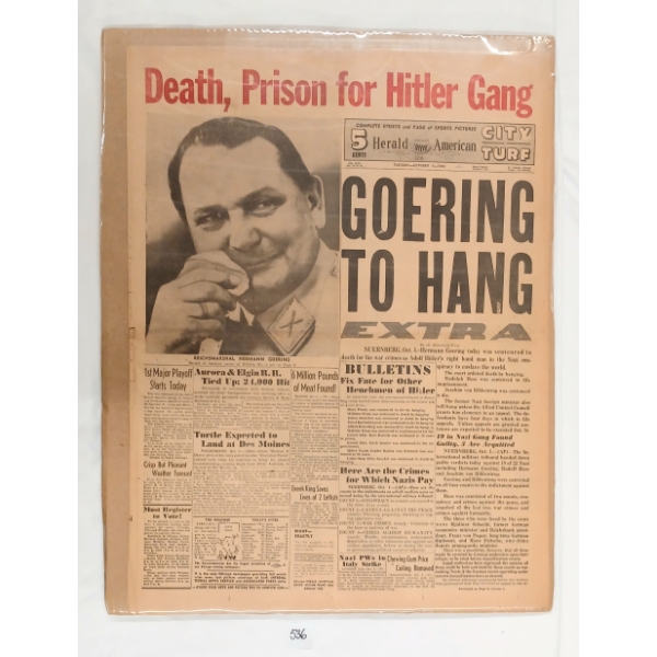 1946 "DEATH, PRISON FOR HITLER GANG: GOERING TO HANG" - HERALD AMERICAN NEWSPAPER