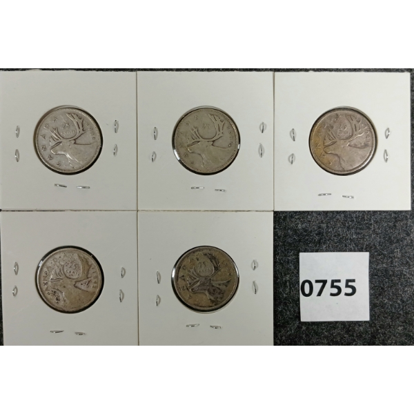 LOT OF 5 - 1940-1947 CDN SILVER 25 CENT COINS 