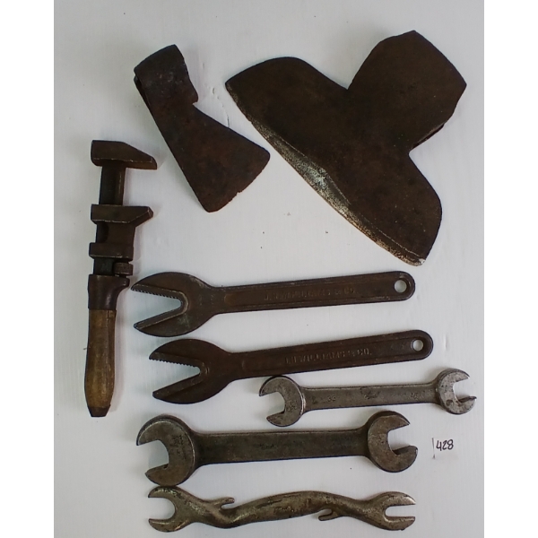 LOT OF 8 - HAND TOOLS - INCL MACK & J.H. WILLIAMS WRENCHES, & TRADE & BROAD AXE HEADS