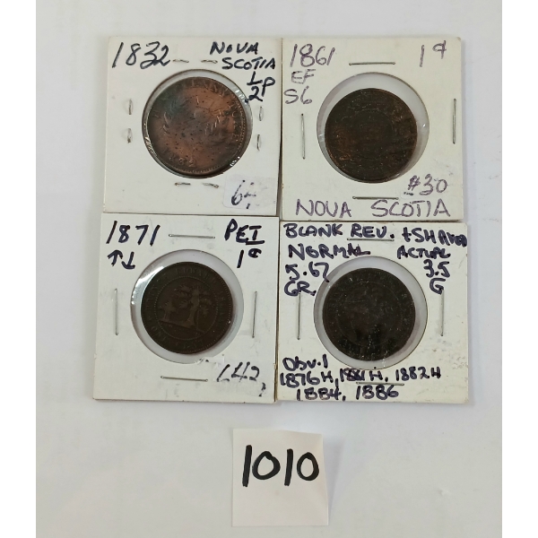 LOT OF 4 - 1832, 1861, 1871 & 1876 LARGE FULL & HALF CENT COINS - INCL NOVA SCOTIA & P.E.I.