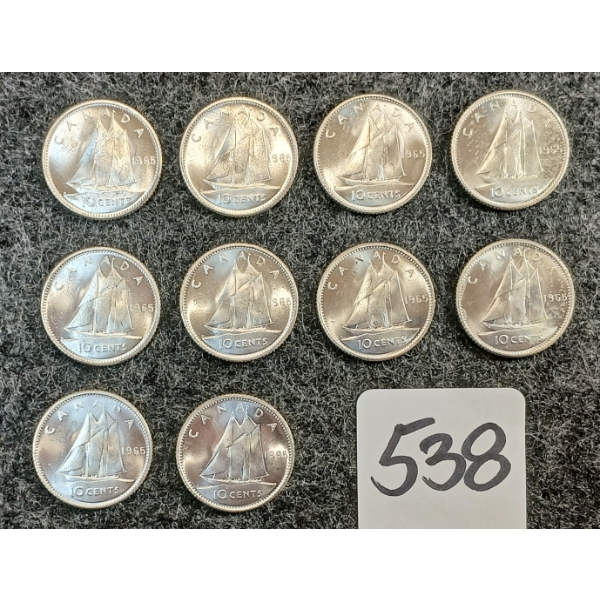 LOT OF 10 - 1965 CDN 10 CENT COINS