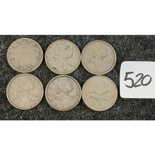 LOT OF 6 - 1956-1963 CDN 25 CENT COINS