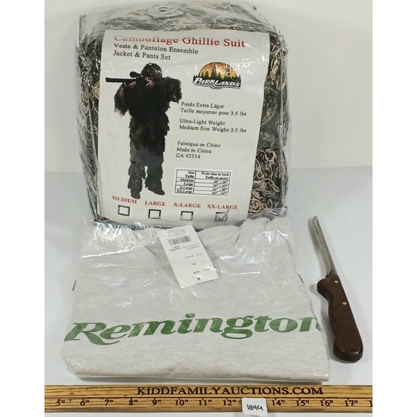 LOT OF 3 - PARKLANDS CAMO GHILLIE SUIT, REMINGTON T-SHIRT & TOBERMORY FILLET KNIFE
