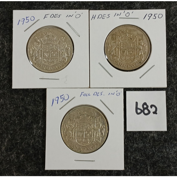LOT OF 3 - 1950 CDN 50 CENT SILVER COINS
