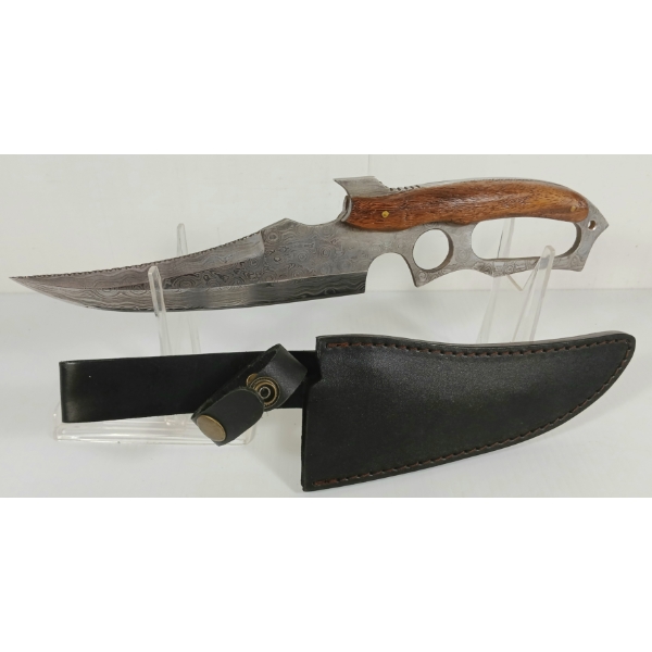 CUSTOM RAINDROP DAMASCUS FIGHTING KNIFE W/ FINGER GUARD & LEATHER SHEATH