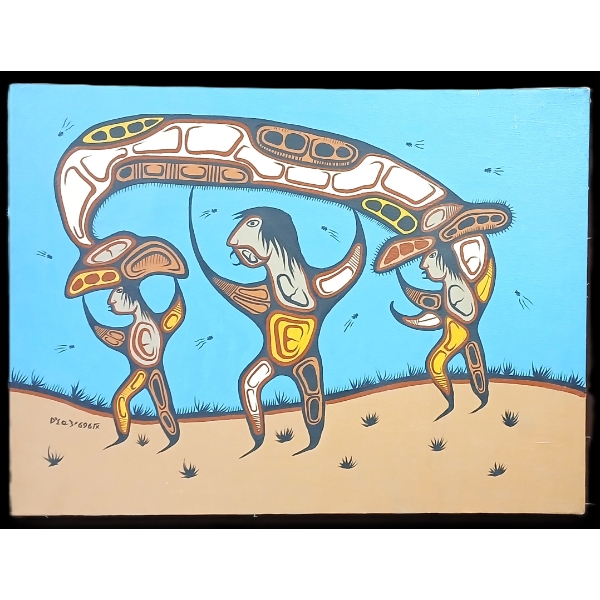 "HUNTERS MOVING" BY ROLAND KAKEGAMIC (1959-1995) - ACRYLIC ON CANVAS