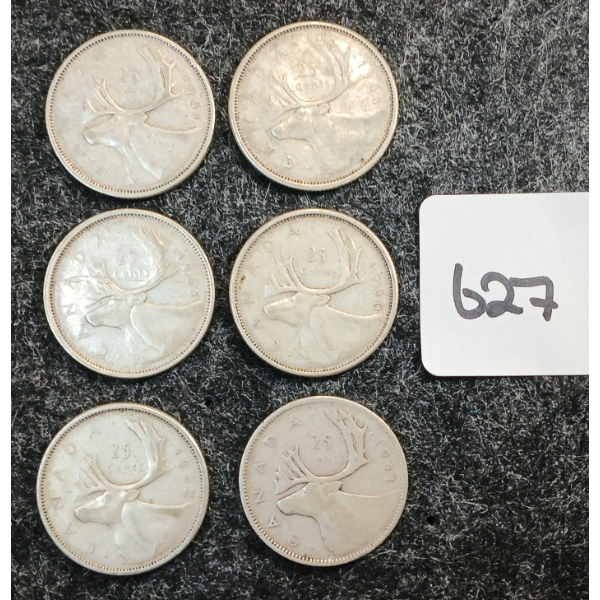 LOT OF 6 - 1960-1947 CDN 25 CENT COINS