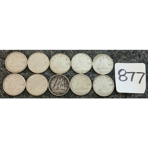 LOT OF 10 - 1943-1966 CDN 10 CENT COINS