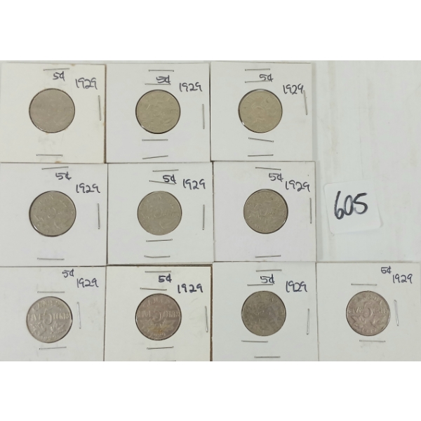 LOT OF 10 - 1929 CDN 5 CENT COINS