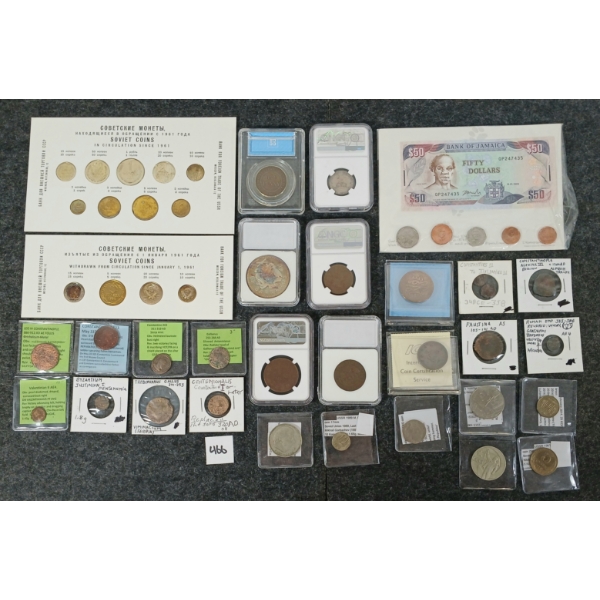 LOT OF 30 - ANCIENT / WORLD BANKNOTES & COINS - INCL GALLIENUS ROMAN, CHINESE, ETC - INCL GRADED