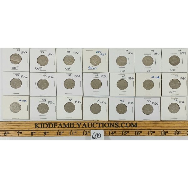 LOT OF 21 - 1936 & 1937 CDN 5 CENT COINS