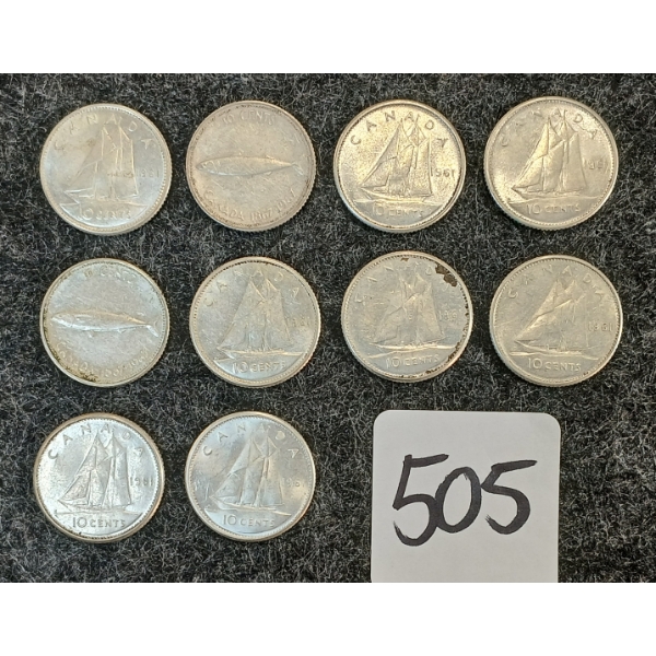 LOT OF 10 - 1961-1967 CDN 10 CENT COINS