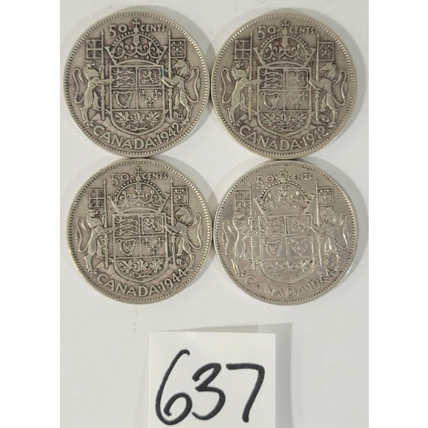 LOT OF 4 - 1942 & 1944 CDN 50 CENT SILVER COINS