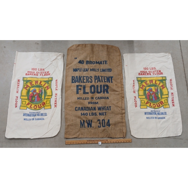 LOT OF 3 - LINEN MERLIN & BURLAP MAPLE LEAF MILLS FLOUR SACKS