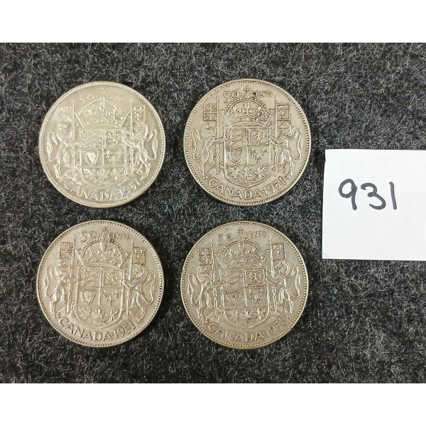 LOT OF 4 - 1951 CDN 50 CENT SILVER COINS
