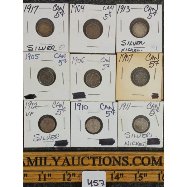 LOT OF 9 - 1904-1917 CDN 5 CENT COINS