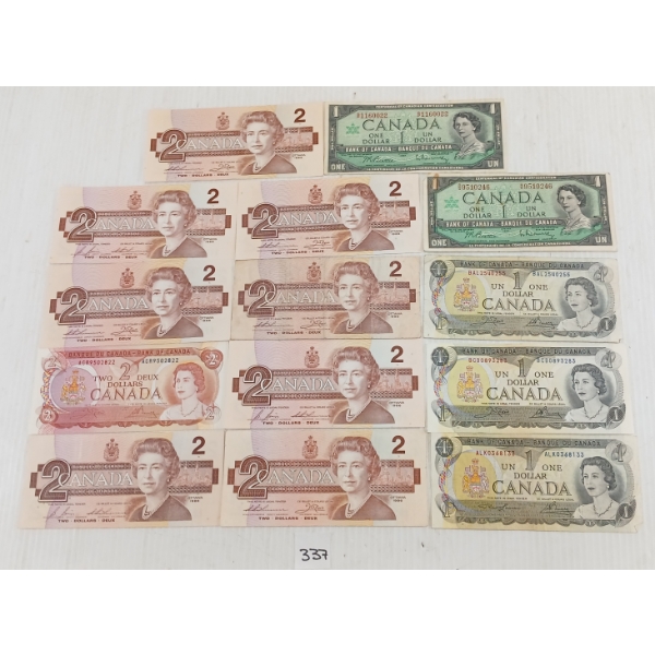 LOT OF 14 - CDN $1 & $2 BANKNOTES - INCL 1967, 1973 & 1974 ETC