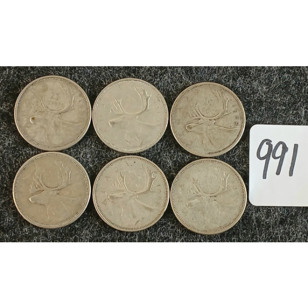 LOT OF 6 - 1958-1965 CDN 25 CENT COINS