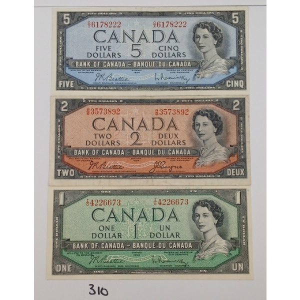 LOT OF 3 - CDN 1954 $1 $2 & $5 BANKNOTES
