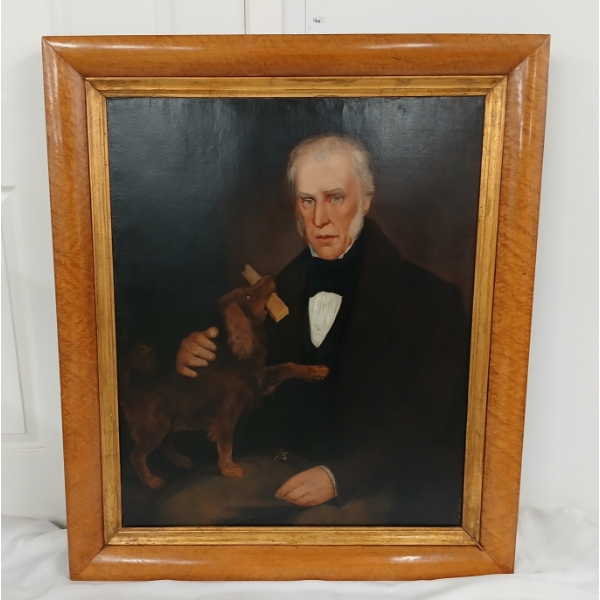 MAN W/ DOG PORTRAIT BY UNKNOWN ARTIST - FRAMED OIL ON CANVAS