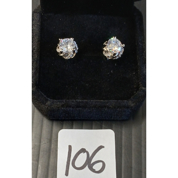 PAIR OF PLATINUM PLATED SIMULATED DIAMOND (CZ) SWIRL HALO STUD EARRINGS
