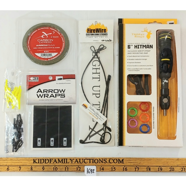 LOT OF 6 - ARCHERY ACCESSORIES - 6IN HITMAN STABILIZER, NOCKS, STRING, WRAPS, ETC