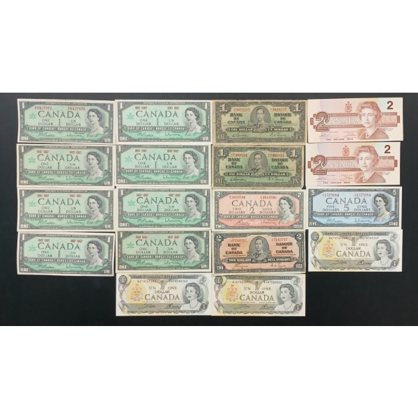 LOT OF 18 - 1937-1986 CDN $1, 2 & 5 BANKNOTES 