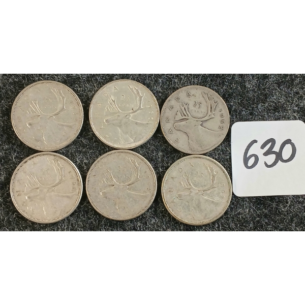 LOT OF 6 - 1952-1966 CDN 25 CENT COINS