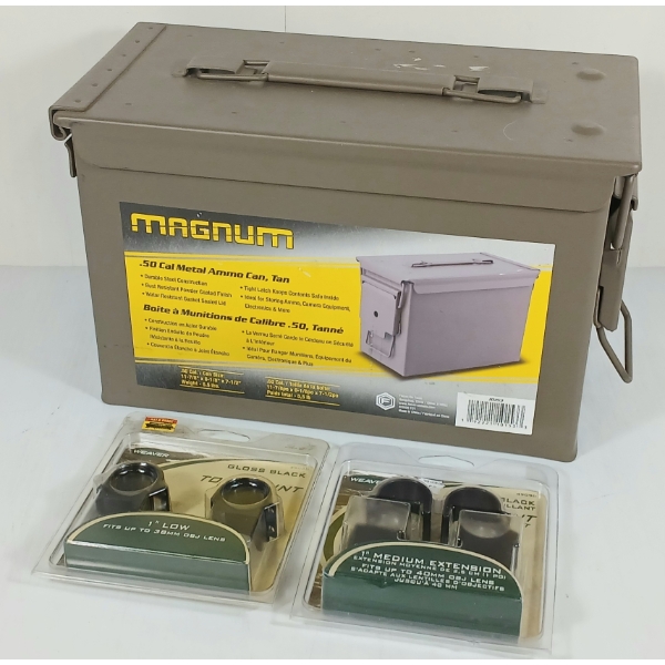 LOT OF 3 - MAGNUM AMMO BOX & WEAVER 1IN SCOPE RINGS - LOW & MEDIUM