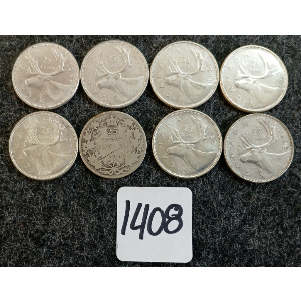 LOT OF 8 - 1918-1968 CDN 25 CENT COINS