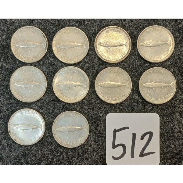 LOT OF 10 - 1967 CDN 10 CENT COINS