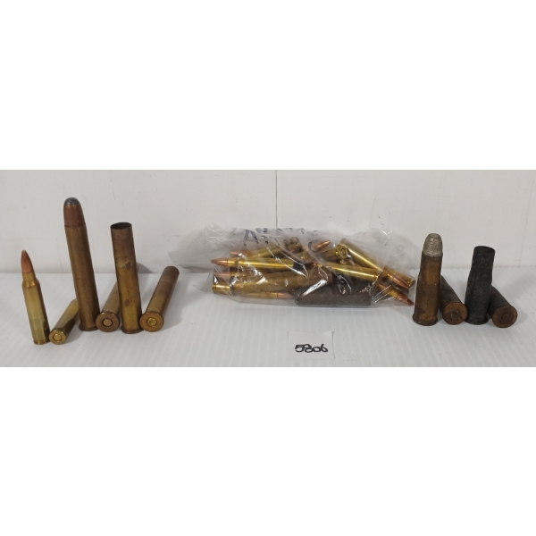 AMMO / BRASS: 27X MIXED RNDS - INCL .45-75 NWMP, .223 REM, ETC LIVE / 5X BRASS