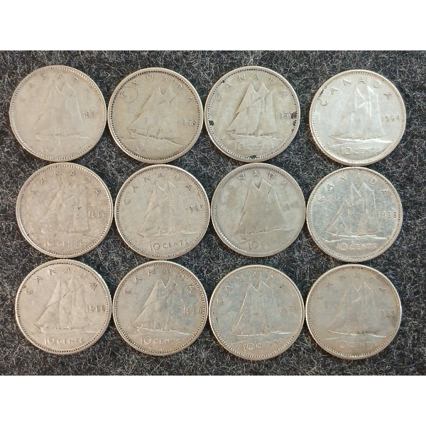 LOT OF 12 - 1942-1966 CDN 10 CENT COINS