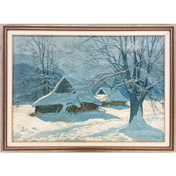 WINTER CABIN SCENE BY LESZEK STANIK - FRAMED OIL ON CANVAS