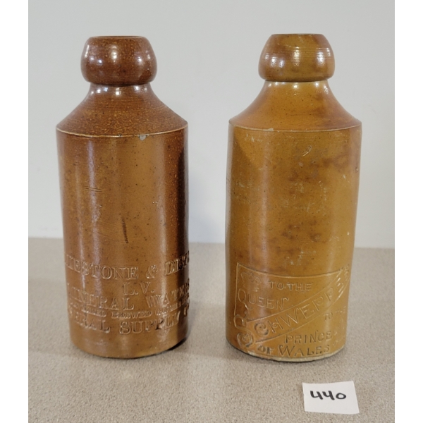 LOT OF 2 - GLAZED CERAMIC GINGER BEER BOTTLES - INCL SCHWEPPES & FOLKESTONE & DISTRICT