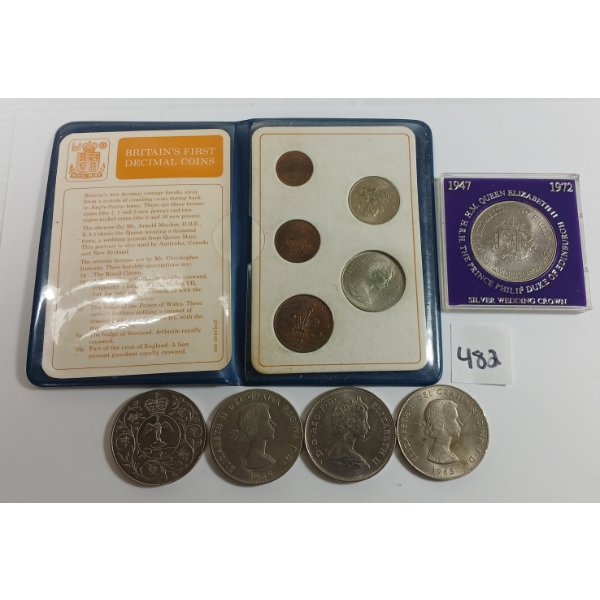 LOT OF 6 - 1969 BRITAIN'S FIRST DECIMAL COINS SET - 1972 SILVER WEDDING CROWN, ETC.