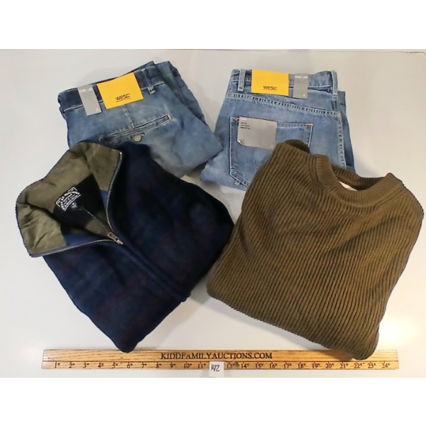 LOT OF 4 - MEN'S WESC JEANS & DEUS EX MACHINA SWEATERS - FT KELVIN & KELVIN CHINO JEANS