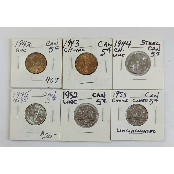 LOT OF 17 - 1904-1953 CDN 5 CENT COINS - INCL SILVER & STEEL