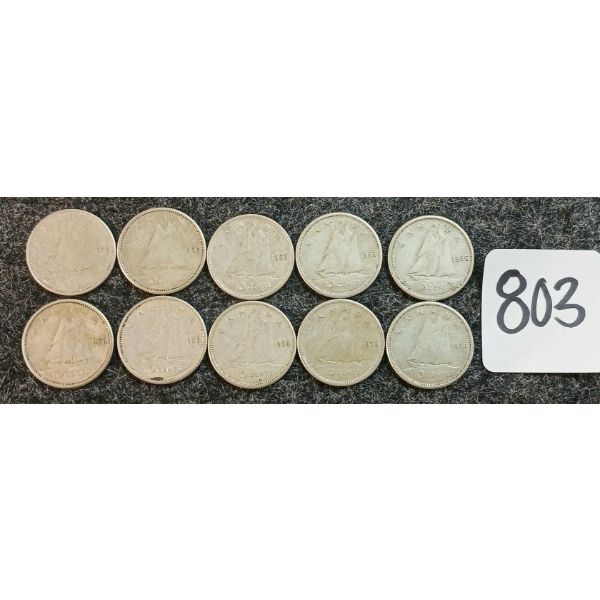 LOT OF 10 - 1956 CDN 10 CENT COINS