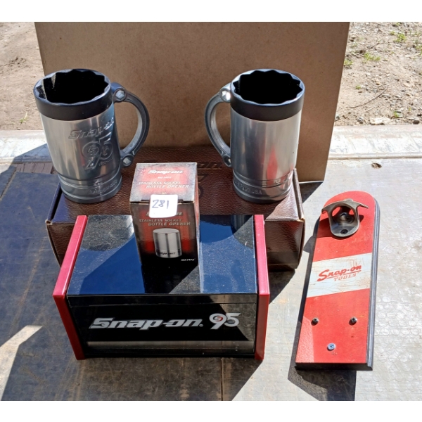 LOT OF 4 - SNAP ON COLLECTIBLES - MINI TOOL BOX, MUGS & BOTTLE OPENERS