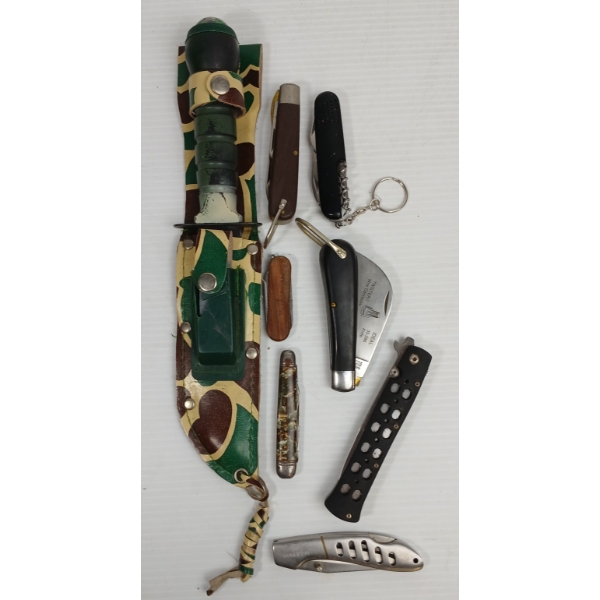 LOT OF 8 - POCKET KNIVES & SURVIVAL KNIFE 