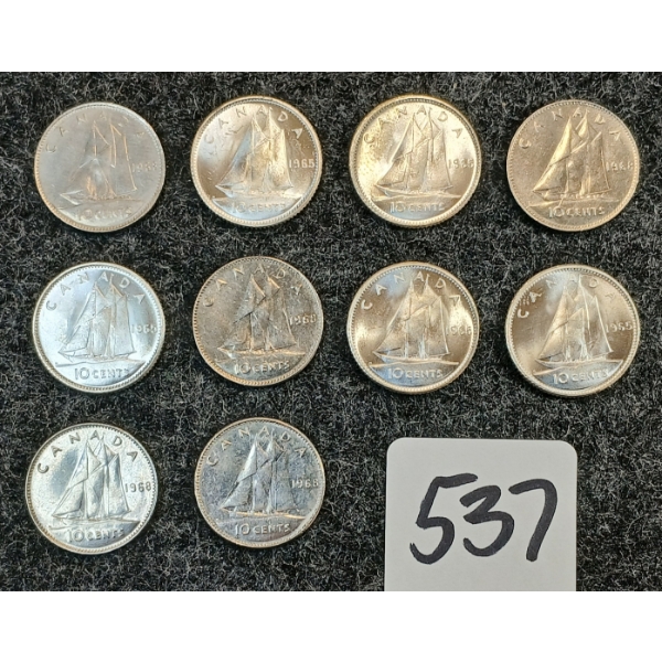 LOT OF 10 - 1968 CDN 10 CENT COINS