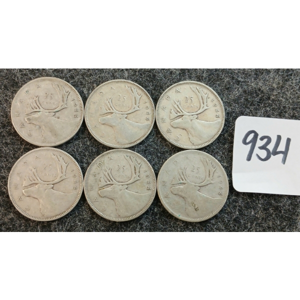 LOT OF 6 - 1944 CDN 25 CENT COINS