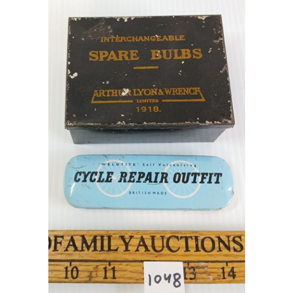 LOT OF 2 - WELDTITE CYCLE REPAIR KIT & ARTHUR LYON SPARE BULBS TIN