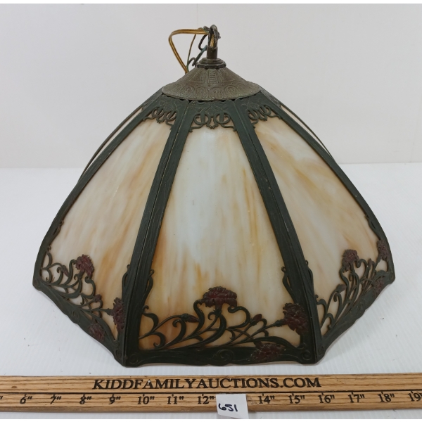 8 PANEL WROUGHT IRON SLAG GLASS CHANDELIER