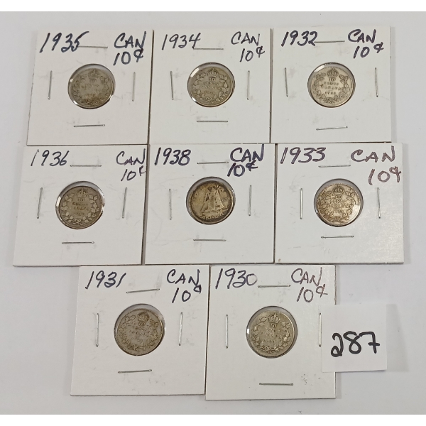 LOT OF 8 - CDN 10 CENT COINS - INCL 1930, 1931, 1932 & 1933 ETC