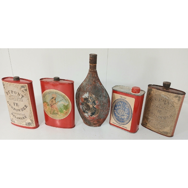 LOT OF 5 - CURTIS & HARVEY, DUPONT & INDIAN RIFLE GUNPOWDER TINS