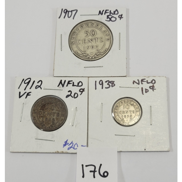 LOT OF 3 - NEWFOUNDLAND COINS - INCL 1907 50 CENT & 1912 20 CENT COINS
